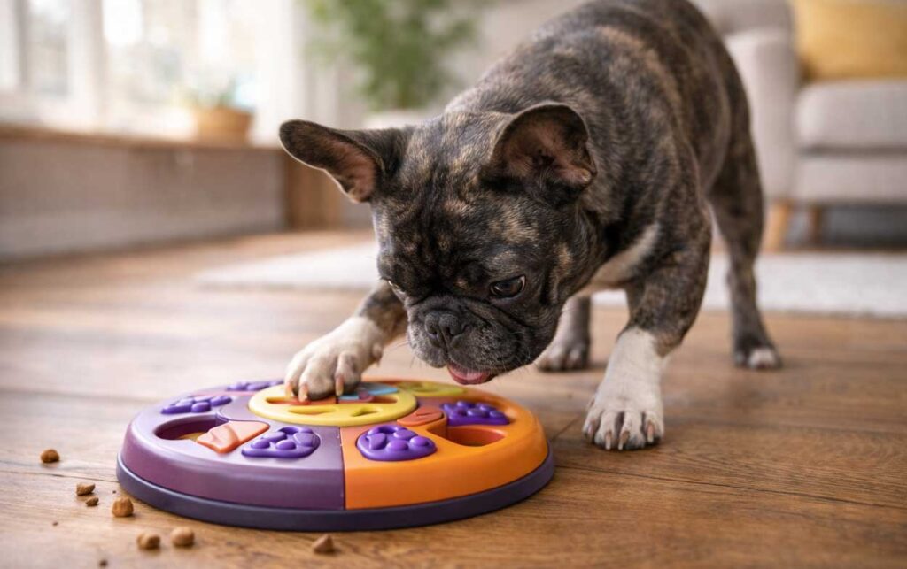 French Bulldog playing with interactive dog toys