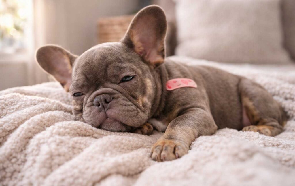 Frenchie puppy resting after vaccination