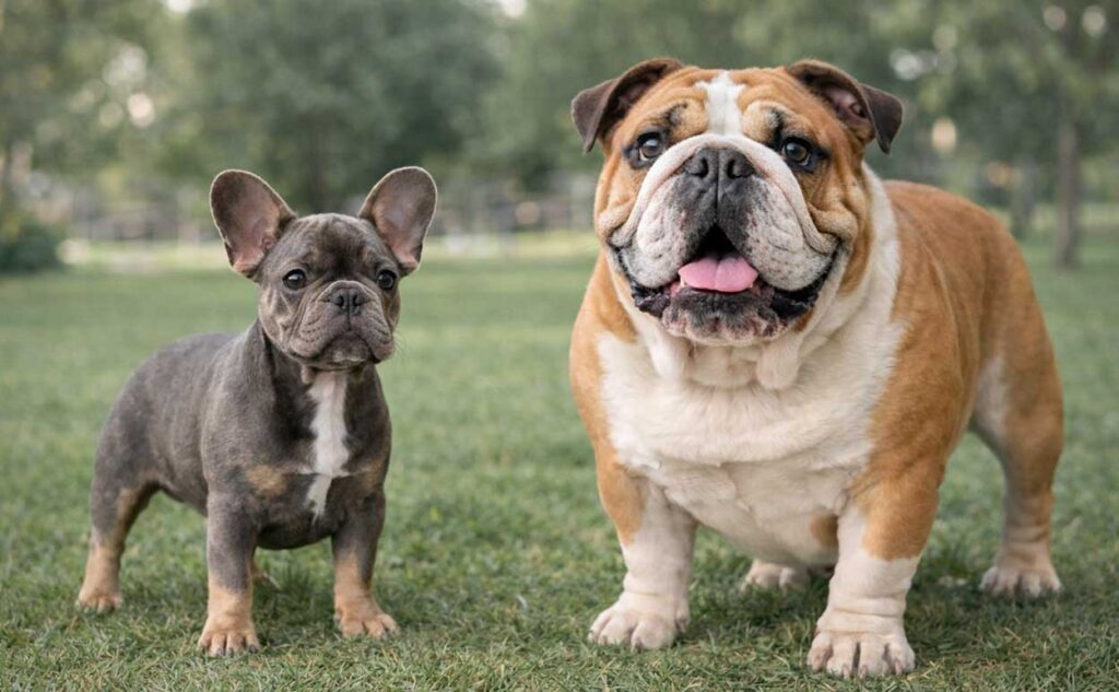 Side by side French Bulldog and English Bulldog highlighting physical differences