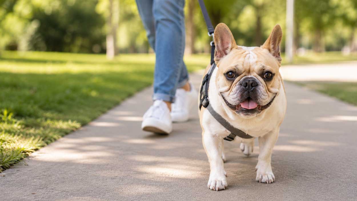 Healthy adult French Bulldog walking outdoors for exercise