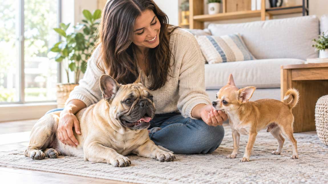 French Bulldog and Chihuahua with their owner at home