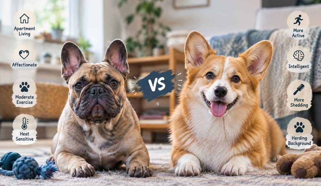 French Bulldog and Corgi differences in exercise, shedding, and lifestyle
