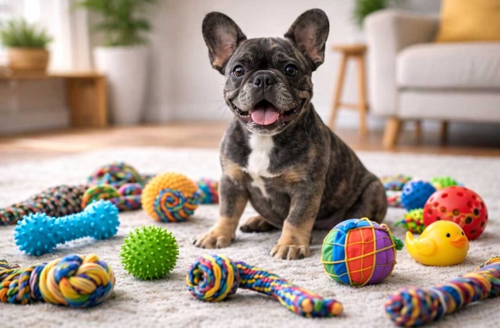 French Bulldog playing with interactive dog toys