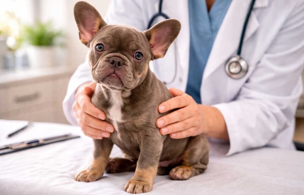 French Bulldog puppy receiving vaccination at veterinary clinic