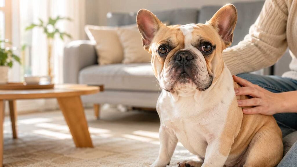 Adult French Bulldog relaxing at home during daily care routine