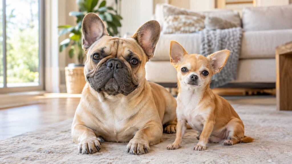 French Bulldog and Chihuahua with their owner at home
